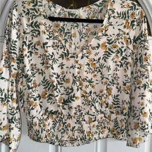 Lush Cream Smocked Crop Blouse 3/4 Sleeve